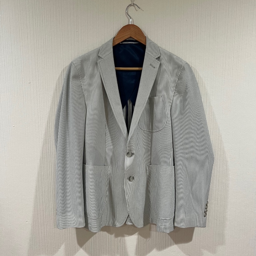 Nick Graham Men's Slim-Fit Stretch Sage and White Seersucker Blazer 38s